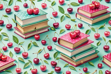 Coquette Cherry Books Pattern for Girly Preppy Summer Design - Printable Digital Paper Background