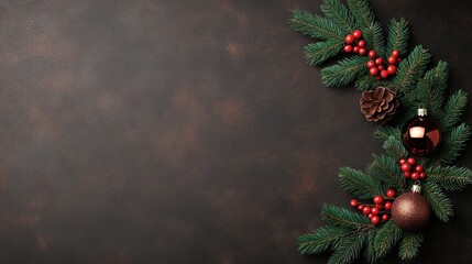 Christmas Ornament and Pine Branch on Brown Background
