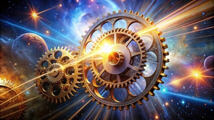 Cosmic Clockwork: Interlocking Gears of Light Representing Time in a Digital Universe