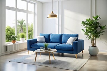 Fototapeta premium Cozy Blue Sofa in Minimalist White Interior - Soft Fabric Upholstery Design for Modern Living Spaces