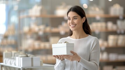 Woman Selecting Pastel Cardboard Box from Empty Wooden Shelves with Soft Natural Lighting