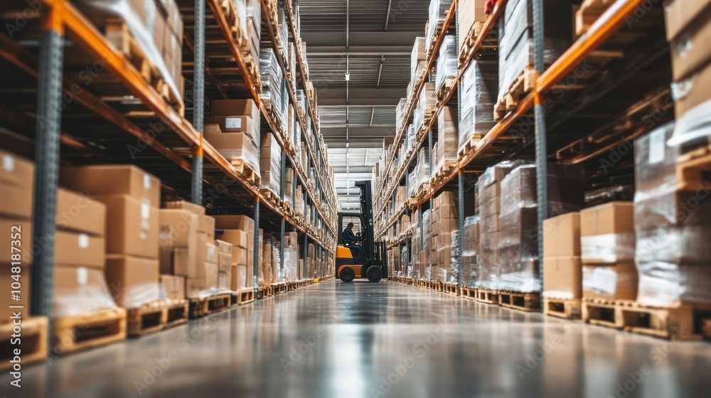 Poster a forklift navigating a warehouse aisle lined with pallets of boxes
