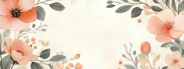 Floral Border Banner, delicate hand-drawn design, soft hues, empty center for custom text or imagery, perfect for invitations or announcements