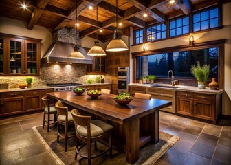 Cozy Rustic Country Kitchen at Night with Dark Wood Cabinets and Concrete Island
