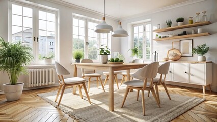 Fototapeta premium Cozy Scandinavian Dining Area with White Table and Wooden Chairs for Modern Interior Design Inspiration
