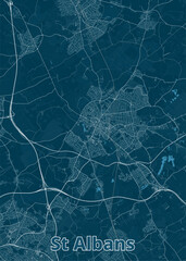 Map of St Albans, a city in Hertfordshire, England. The map is rendered in a minimalist style with a dark blue background and white lines representing roads and streets.