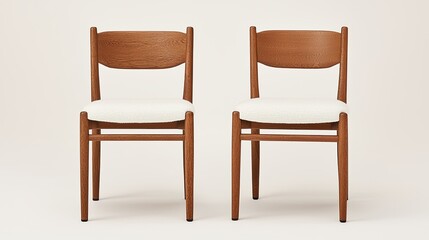 Fototapeta premium Two wooden chairs with simple design and woven seats, set against a neutral background.