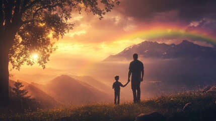 Obraz premium A father and son stand together, gazing at a vibrant sunset and rainbow over mountains.