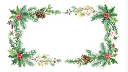 Watercolor Christmas with fir branches and place for text isolated on a white background. re-made Christmas frame. Perfect for invitations, greeting cards, prints, packaging and more. 