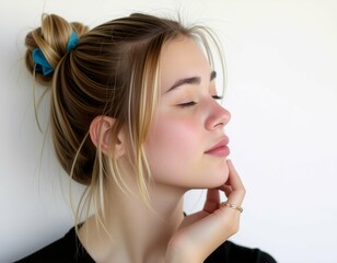 Beautiful Woman with Blonde Hair and Closed Eyes Posing with Hand on Chin