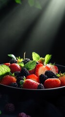 Fruit Salad with Strawberries, Mulberries, and Blackberries in a Bowl