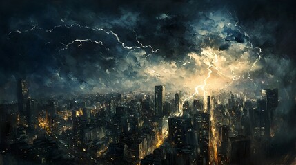 Fototapeta premium Dramatic Dhaka Cityscape Towering Skyscrapers Lit by Ominous Lightning and Thunderstorm