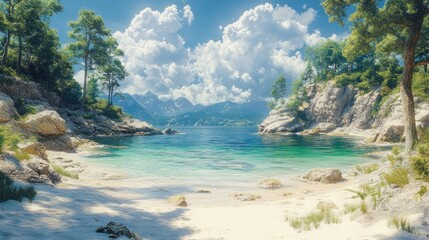 Fototapeta premium A tranquil secluded cove with crystal-clear water, white sand, and lush greenery. The mountains in the background add to the scenic beauty.