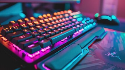 Obraz premium Close-up of a Black Mechanical Keyboard with Colorful RGB Backlighting