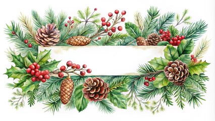 Fototapeta premium Watercolor vector Christmas banner with fir branches and place for text. Christmas banner with green pine branches and place for text. Holiday decorations for greeting cards, invitations isolated on w
