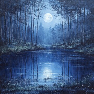 Serene night scene with moonlit reflection.