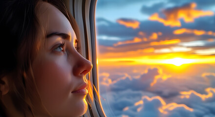 A woman looks at the sky with clouds from the window of an airplane. Sunset from an altitude of 11,000 km. The thirst for travel.