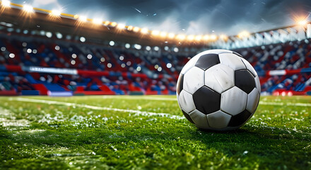 A soccer ball lying on the stadium grass. The anticipation of a football match, the sports atmosphere.