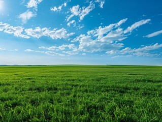 Vast green field under blue sky