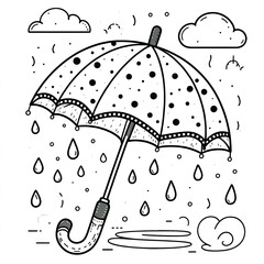 coloring page featuring a spotted umbrella, with raindrops falling on it