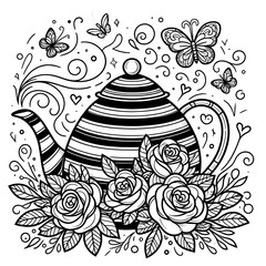 a coloring page featuring a striped teapot with steam, filled with delicate roses, small decorative butterflies and swirls around the teapot 