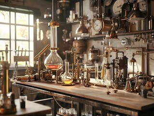 Intricate Steampunk Laboratory with Whirring Gears Bubbling Glass Beakers and Vintage Scientific Equipment