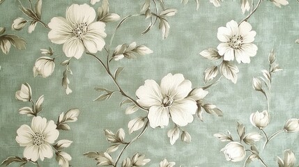A faded green vintage wallpaper background with intricate floral designs and a subtle patina, capturing the charm of old-fashioned decor.