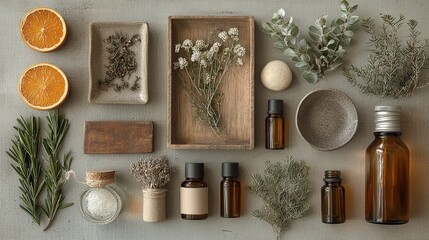 A flat lay of essential oils for nature lovers, with a focus on fresh plant-based scents like eucalyptus and cedarwood.