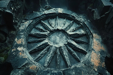 Obraz premium A circular stone structure with a sun-like design, surrounded by rugged terrain, suggesting an ancient or mystical significance.