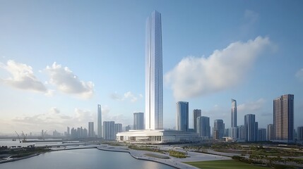 Naklejka premium Stunning skyscraper design that defines modern architecture amid city landscape with reflective water body and blue sky