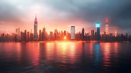 Obraz premium Stunning sunset over manhattan a breathtaking view of the new york city skyline reflecting on the water