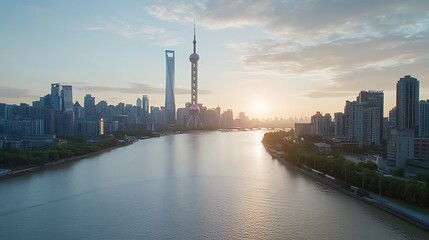 Fototapeta premium Breathtaking sunset over shanghai a scenic view of the iconic city skyline reflecting on the huangpu river