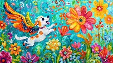Obraz premium A whimsical painting of a playful dog with wings amidst vibrant flowers and colors.