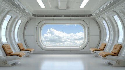 Obraz premium Futuristic interior with panoramic window showcasing cloudy sky a modern space for reflection and inspiration