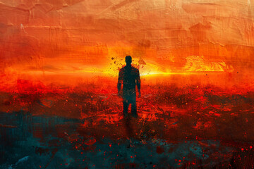 Obraz premium A man stands in the middle of a red and orange landscape