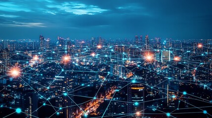 City skyline interwoven with glowing big data connections