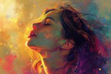 A woman with long hair is shown in a painting with a peaceful expression