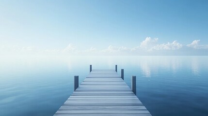 Obraz premium A dock on a calm lake, surrounded by natural beauty with a clear blue sky, capturing a minimalist and serene scene.