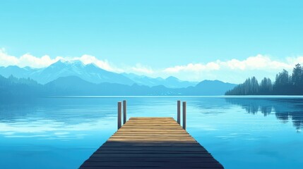 Fototapeta premium A dock on a calm lake, surrounded by natural beauty with a clear blue sky, capturing a minimalist and serene scene.
