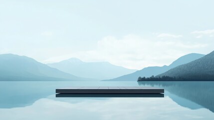 A minimalist platform on a lake, with distant mountains and a calm, open sky, creating a peaceful, untouched scene.