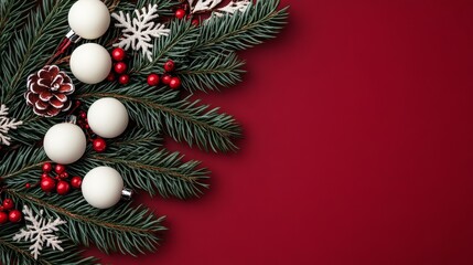 Red Background with Christmas Decorations and Pine Branches