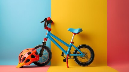 Fototapeta premium Toy bicycle and helmet isolated on colorful background
