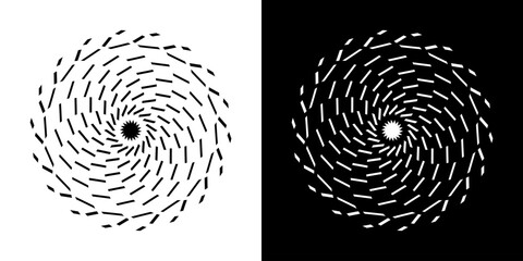 Abstract background with abstract line pattern in circles. Spiral art design as a logo or icon. A black figure on a white background and the same white figure on a black side. Mandala design with line