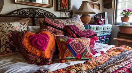 Vibrant heart shaped pillows on bohemian style bed rich textures and eclectic decor creating cozy vibe