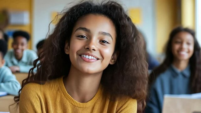 smiling pretty multiracial Mexican girl at classroom 