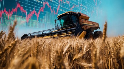 Fototapeta premium A combine harvester in a wheat field with a stock market graph overlay, symbolizing the connection between agriculture and grain market trends.