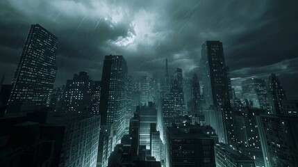 Electric Cityscape: Skyscrapers in Stormy Atmosphere with Rain Falling - Ultra-Detailed Urban Landscape Photography