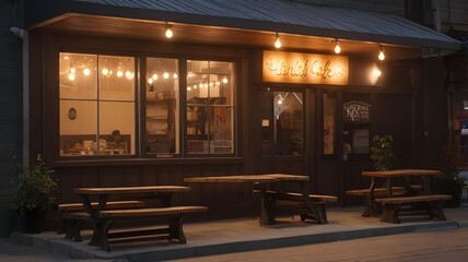 "Exterior of a small cafe with a lighted sign and wooden benches in front."

