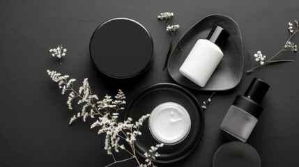 Fototapeta premium Minimalist Beauty: A serene arrangement of skincare products on a black background, featuring a white cream jar, a black and white bottle, and delicate floral accents.