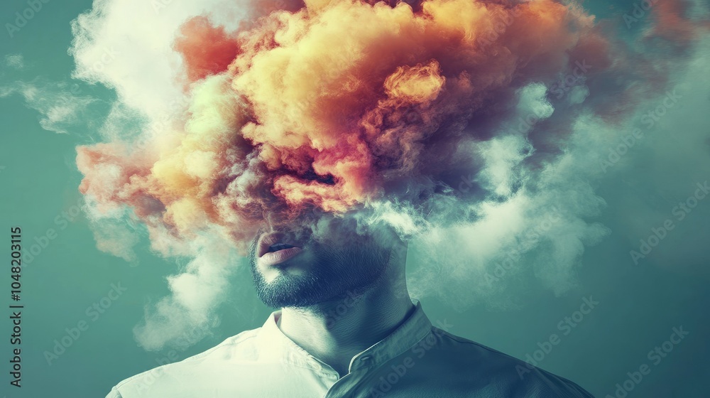 Poster Conceptual image of a head, with surreal visuals like clouds and colors enveloping it, suggesting a medicated experience.